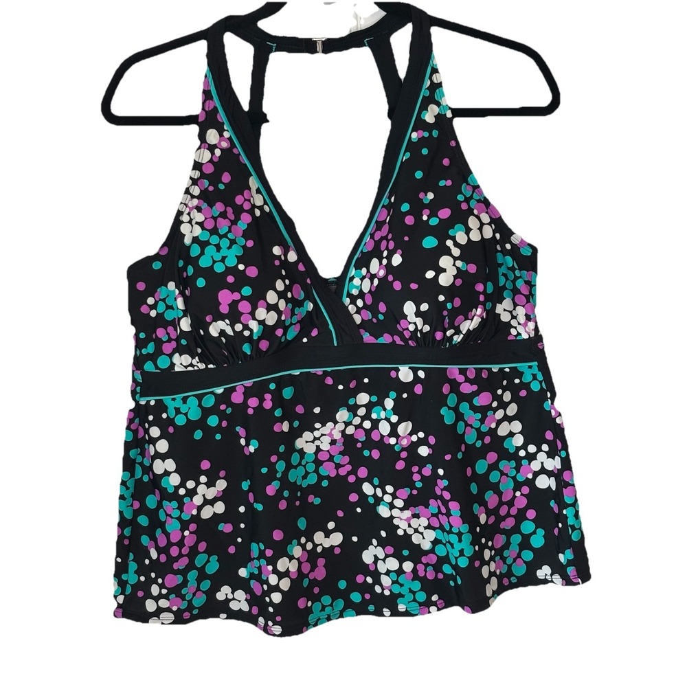 Suddenly Slim Catalina Tankini Swim Top 1X/16W Black Polka Dot Halter Racer Back